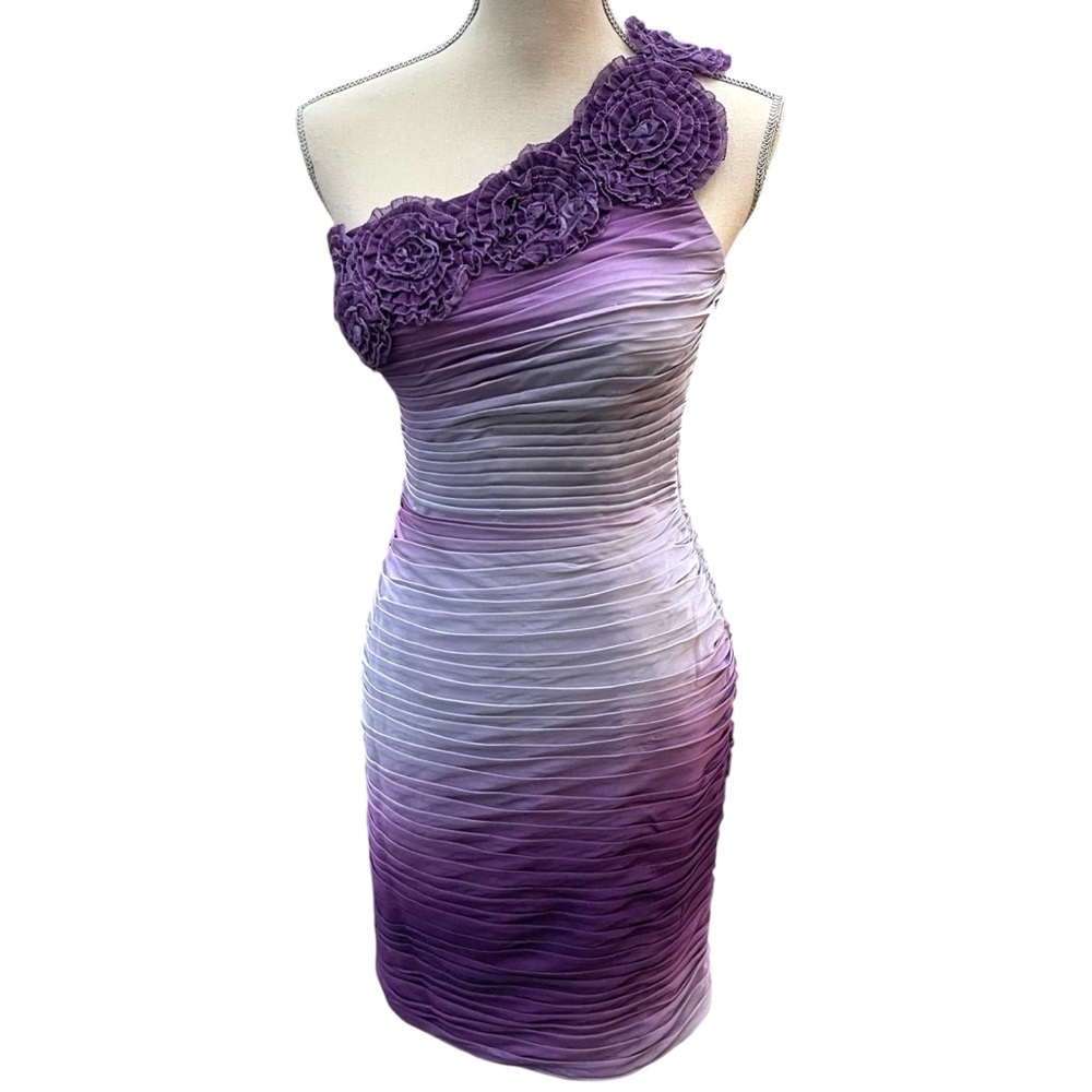 Adrianna Papell Purple Ombre One Shoulder Rosette Shutter Pleat Dress (6/8) - Picture 4 of 15